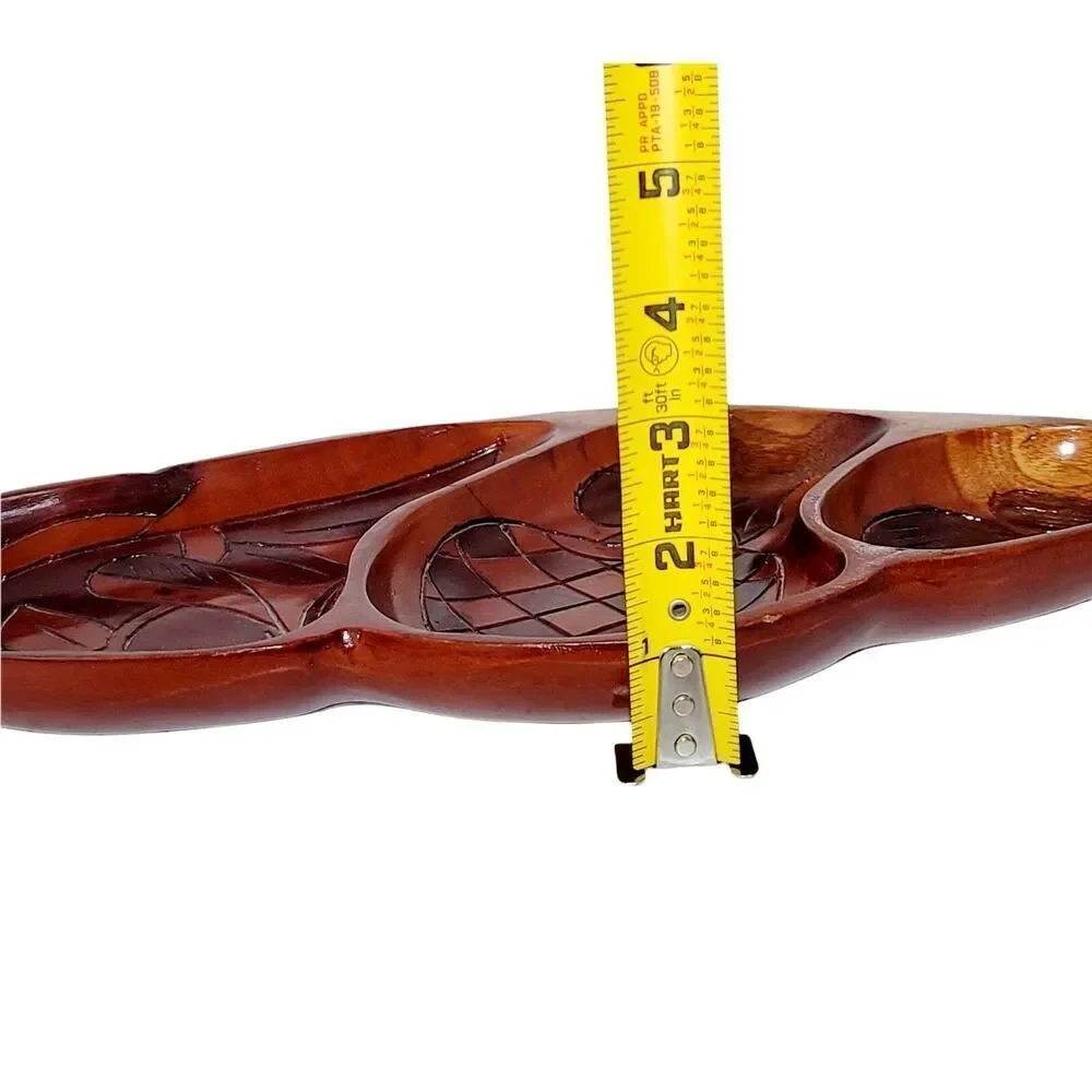 VINTAGE HAITI HAND CARVED WOOD TRAY FISH APPLE‎ TROPICAL LEAF 2 SIDED CARVING